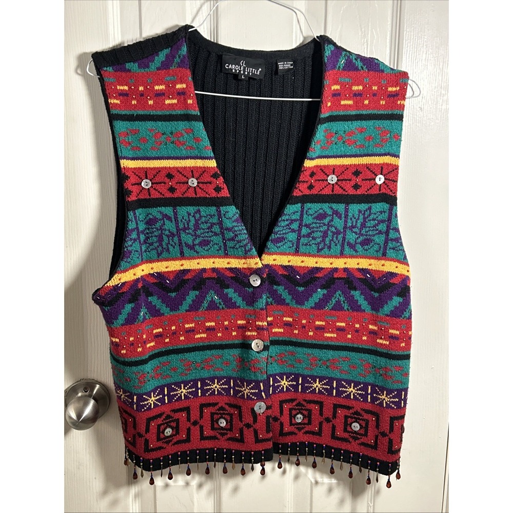 Vintage Carole Little Sport Vest L Colorful Embroidered Beaded Abstract Art Boho